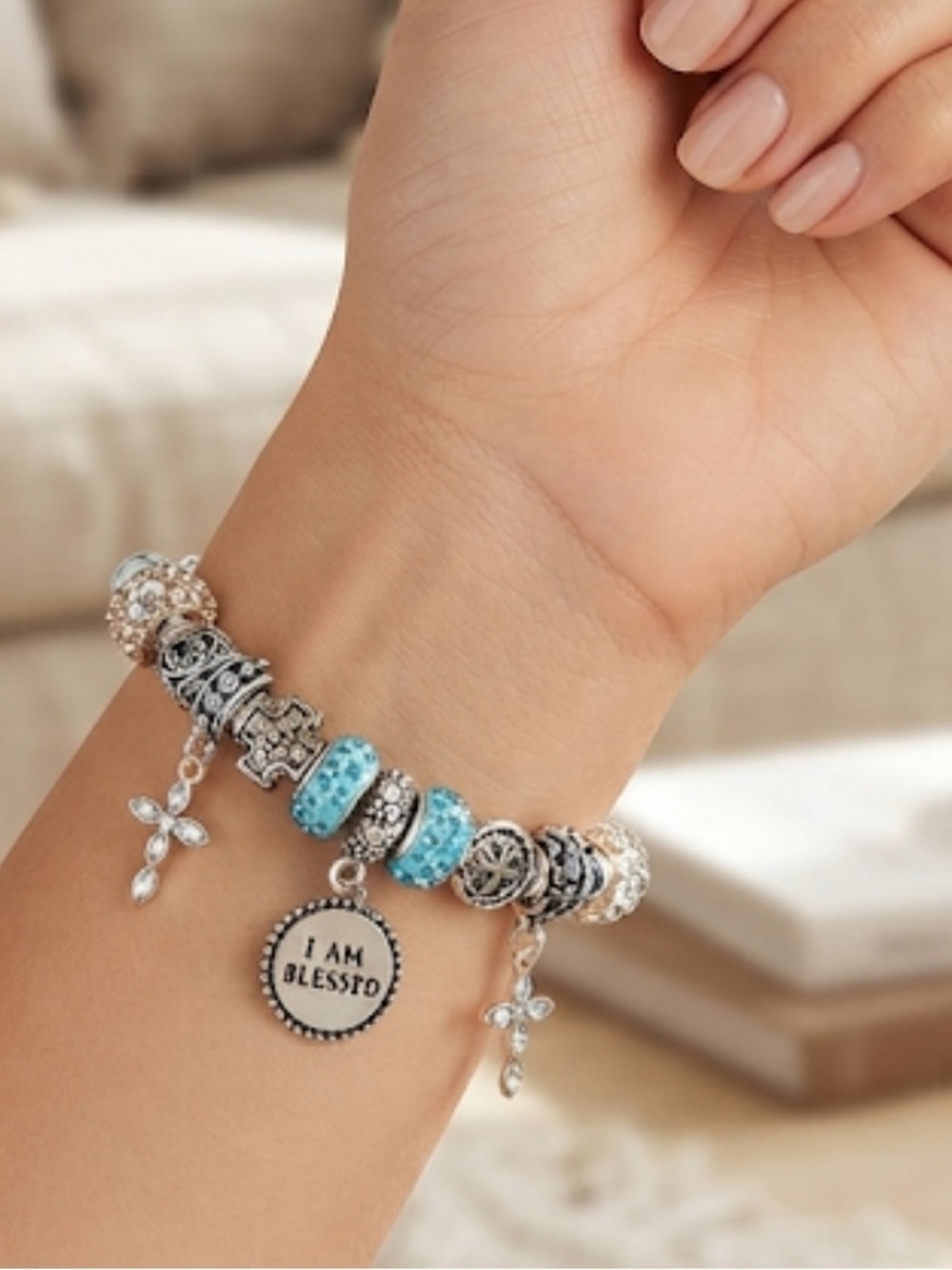 I Am Blessed Silver Charm Bracelet with Turquoise Crystal Beads